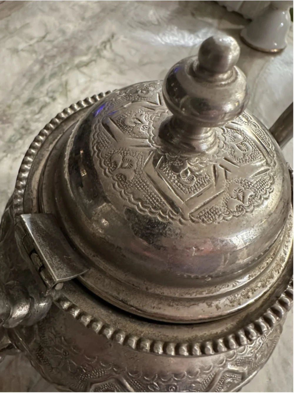 Vintage Ornate Design Metal Moroccan Silver Teapot Footed Kettle Mark Untested